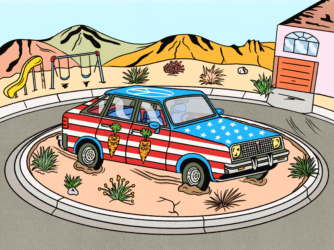 An illustration of a car painted like an American flag in a desert cul-de-sac.